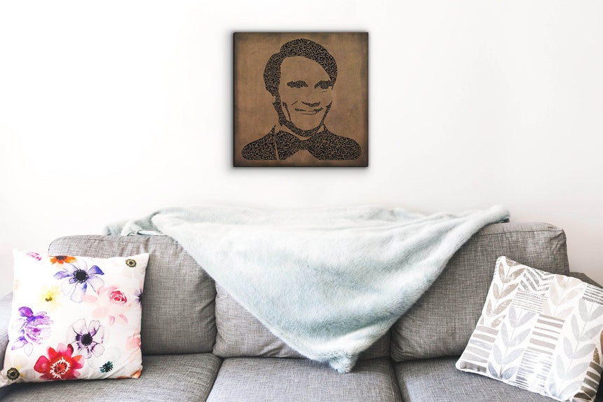 Carved wood portrait of Abdel Halim Hafez with “Ahwak” song in a living room.
