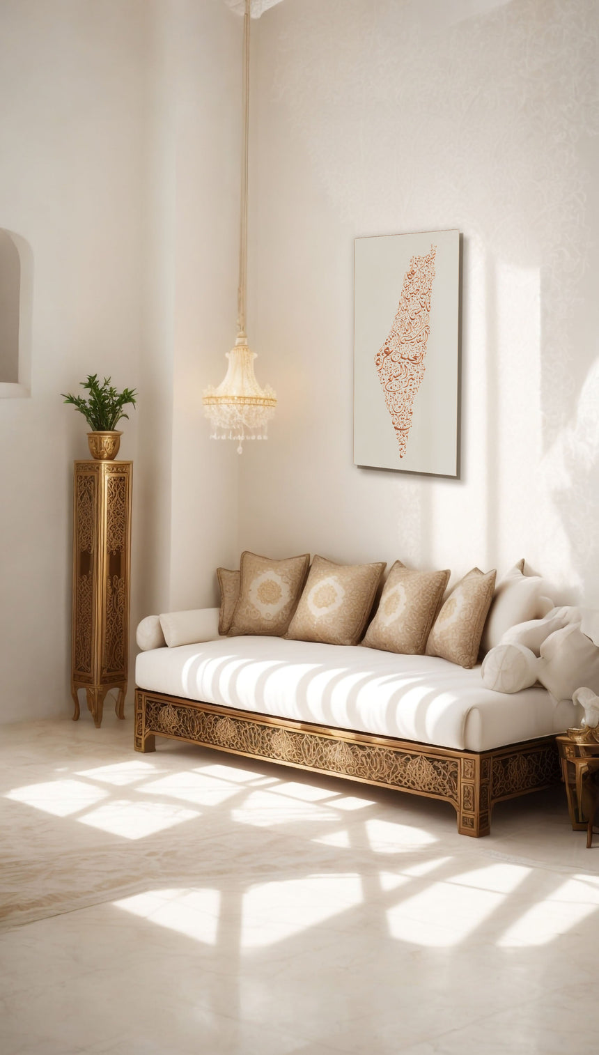 Living room with the Palestine map, featuring the names of its cities.