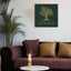 Wooden artwork of an olive tree with the quote “We will remain as long as thyme and olives remain.”  in a living room