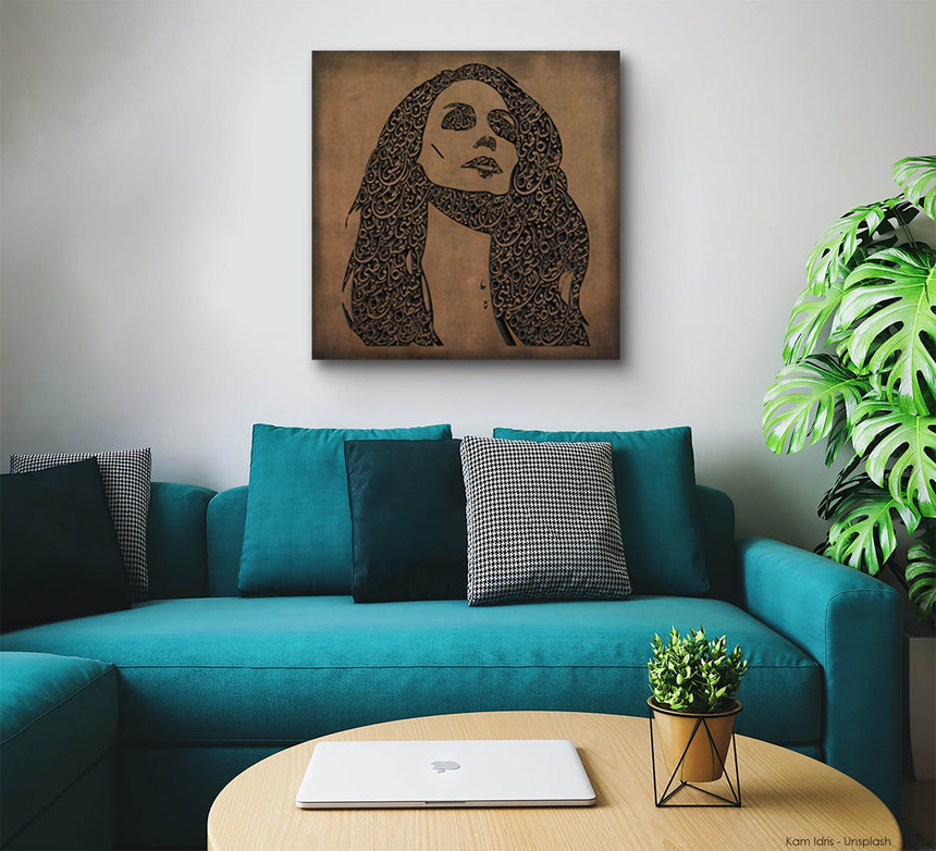 Carved wood portrait of Fairuz with “Bhebbak Ya Lebnan” lyrics in a living room.