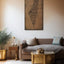 Living room with the Palestine map, featuring the names of its cities.