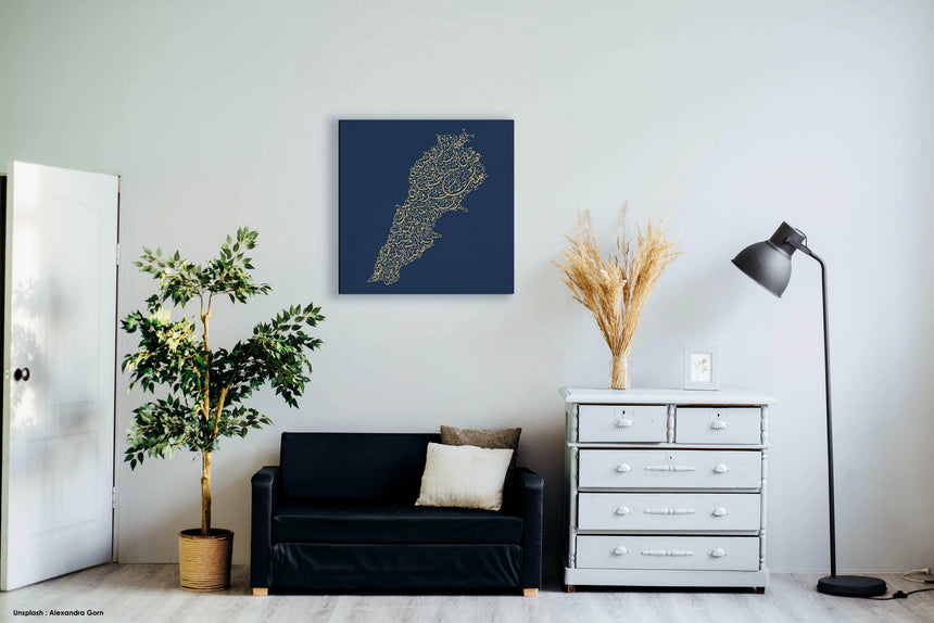 Lebanon map featuring the names of its cities in a modern living room.