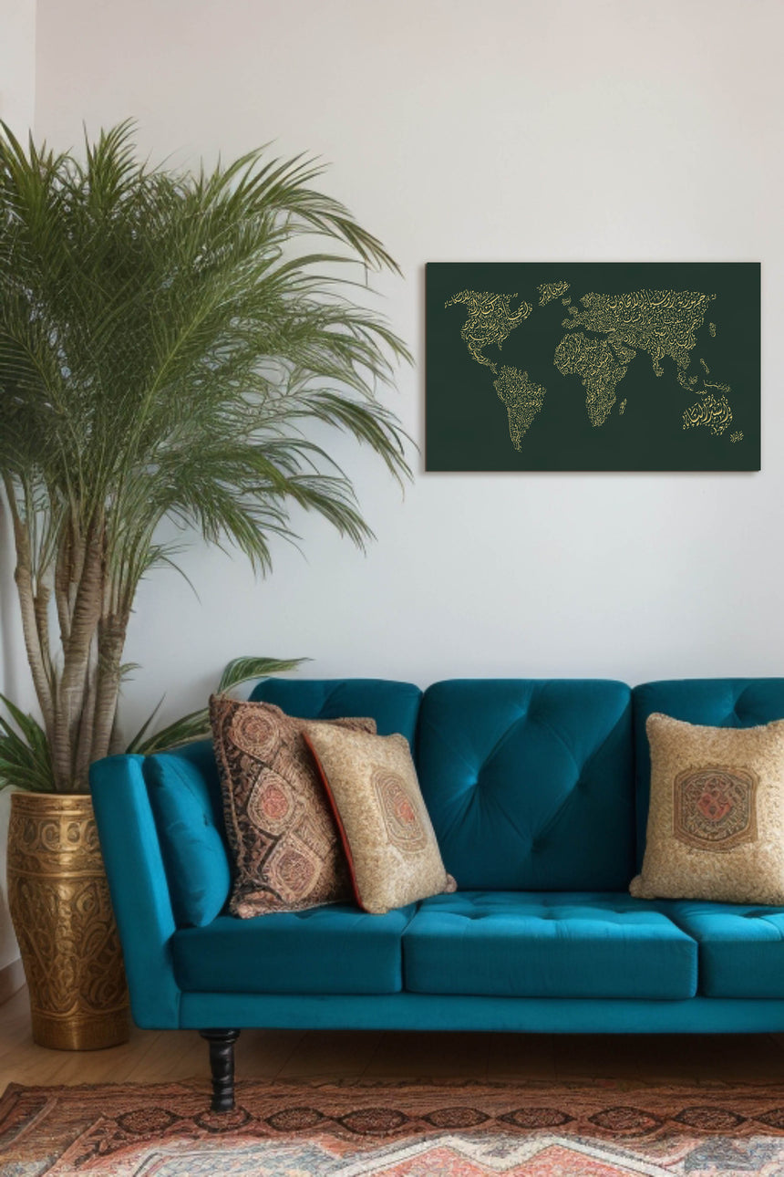 Carved wood artwork of the world map, featuring country names in a living room.