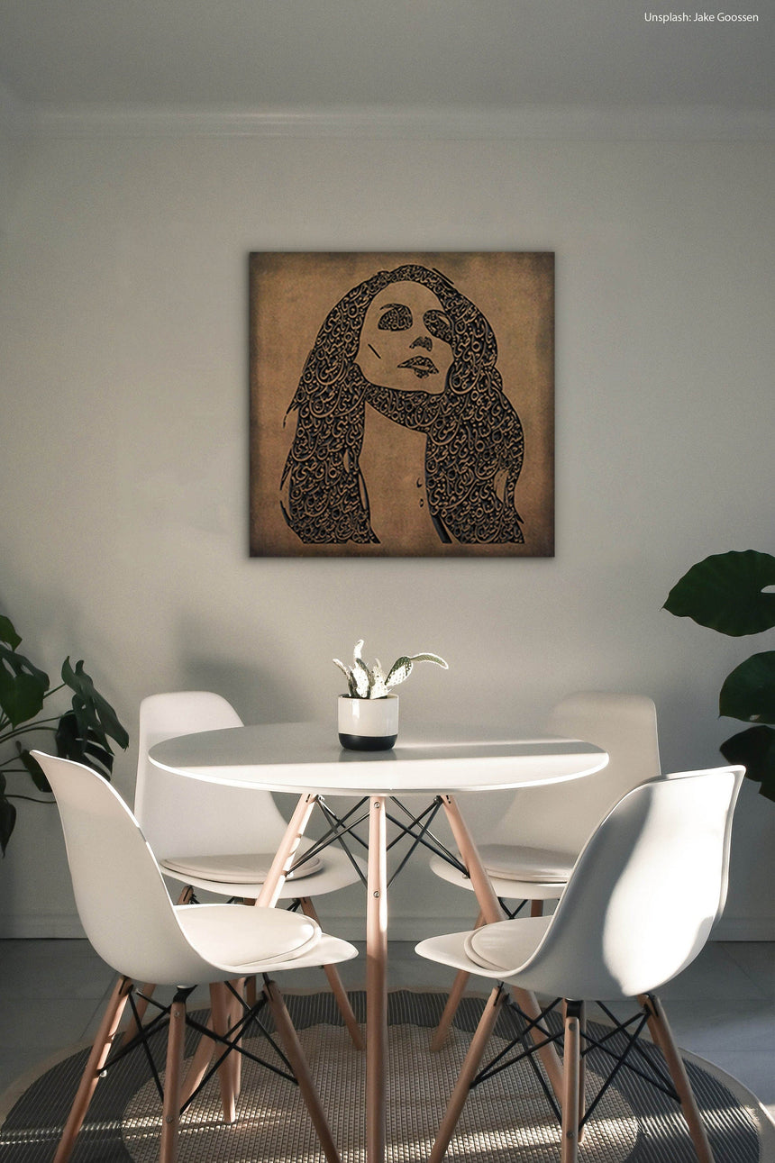 Carved wood portrait of Fairuz with “Bhebbak Ya Lebnan” lyrics in a living room.