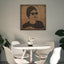 Carved wood portrait of Umm Kulthum with “Enta Omri” lyrics in living room.