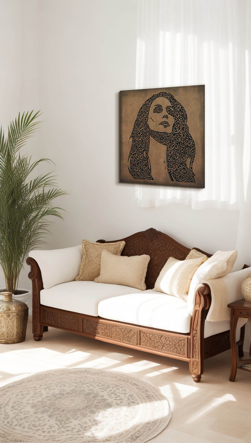 Carved wood portrait of Fairuz with “Bhebbak Ya Lebnan” lyrics in a living room.