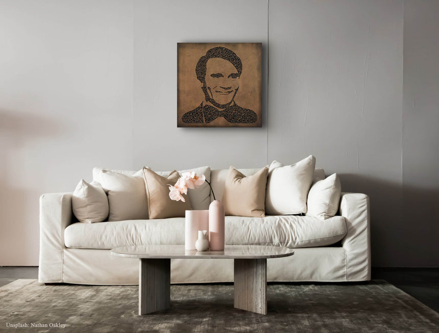 Carved wood portrait of Abdel Halim Hafez with “Ahwak” song in a living room.