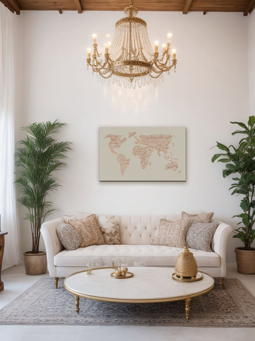 Carved wood artwork of the world map, featuring country names in a living room.