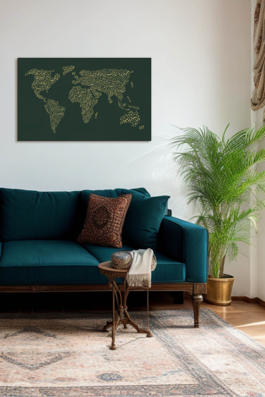 Carved wood artwork of the world map, featuring country names in a living room.