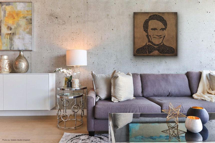 Carved wood portrait of Abdel Halim Hafez with “Ahwak” song in a living room.