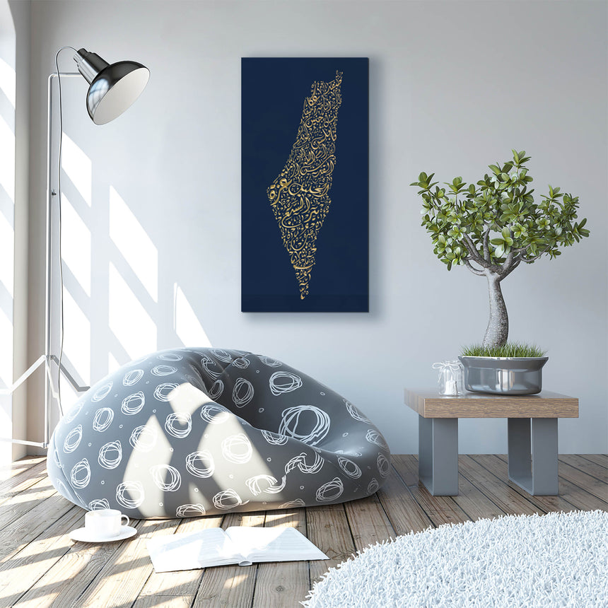 Living room with the Palestine map, featuring the names of its cities.