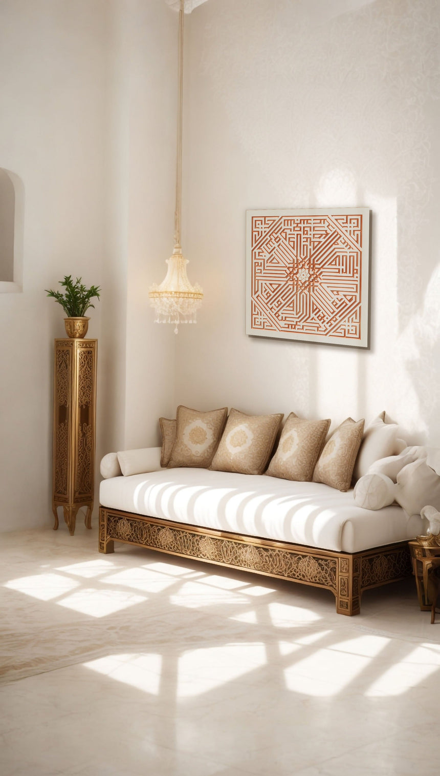 اسم الرسول و الصحابة بالخط الكوفي بابداع الخطاط بدوي الديراني بخط الكوفي المربع الفن الإسلامي باللون البيج