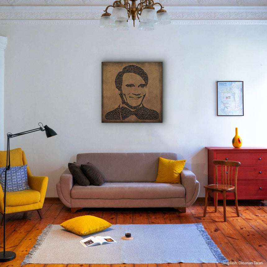 Carved wood portrait of Abdel Halim Hafez with “Ahwak” song in a living room.