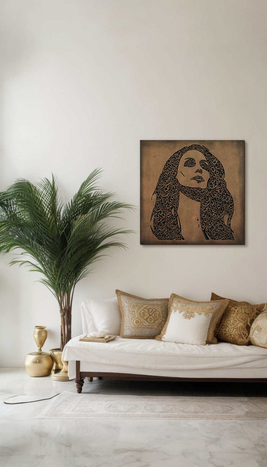 Carved wood portrait of Fairuz with “Bhebbak Ya Lebnan” lyrics in a living room.