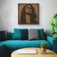 Carved wood portrait of Fairuz with “Bhebbak Ya Lebnan” lyrics in a living room.