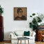 Carved wood portrait of Umm Kulthum with “Enta Omri” lyrics in living room.