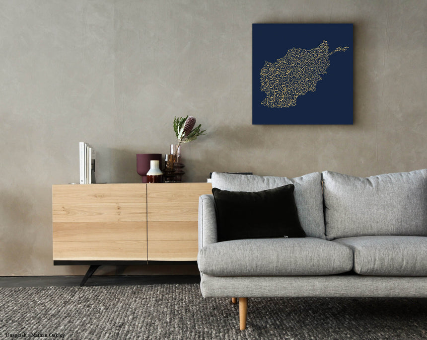 Afghanistan map, featuring the names of its cities in a living room.