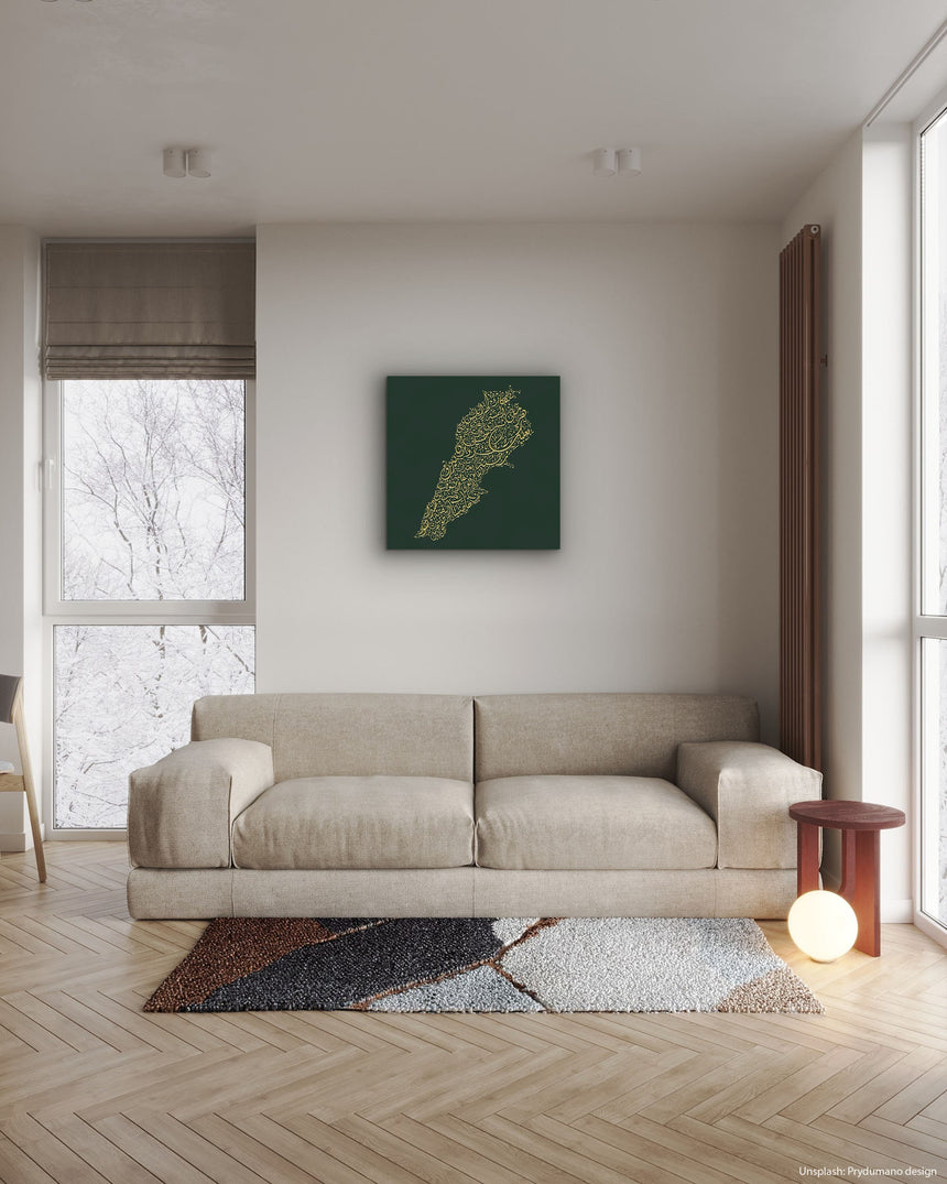 Lebanon Map: Green background, gold carving