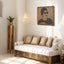 Carved wood portrait of Umm Kulthum with “Enta Omri” lyrics in living room.