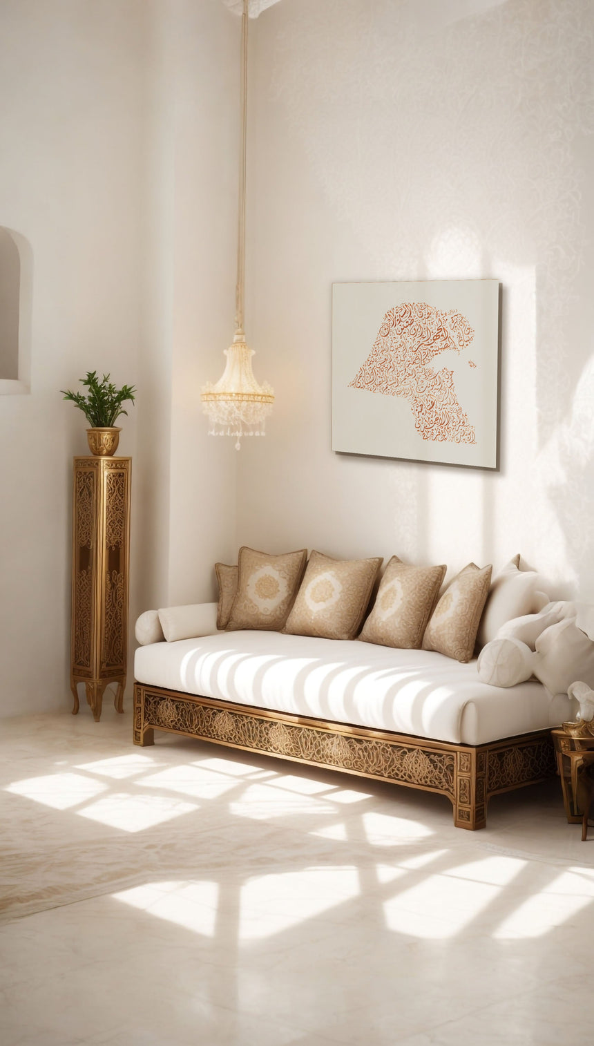 Carved wood artwork of the Kuwait map, drawn in Diwani calligraphy using the names of its cities in a living room setting.