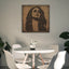 Carved wood portrait of Fairuz with “Bhebbak Ya Lebnan” lyrics in a living room.
