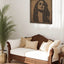 Carved wood portrait of Fairuz with “Bhebbak Ya Lebnan” lyrics in a living room.