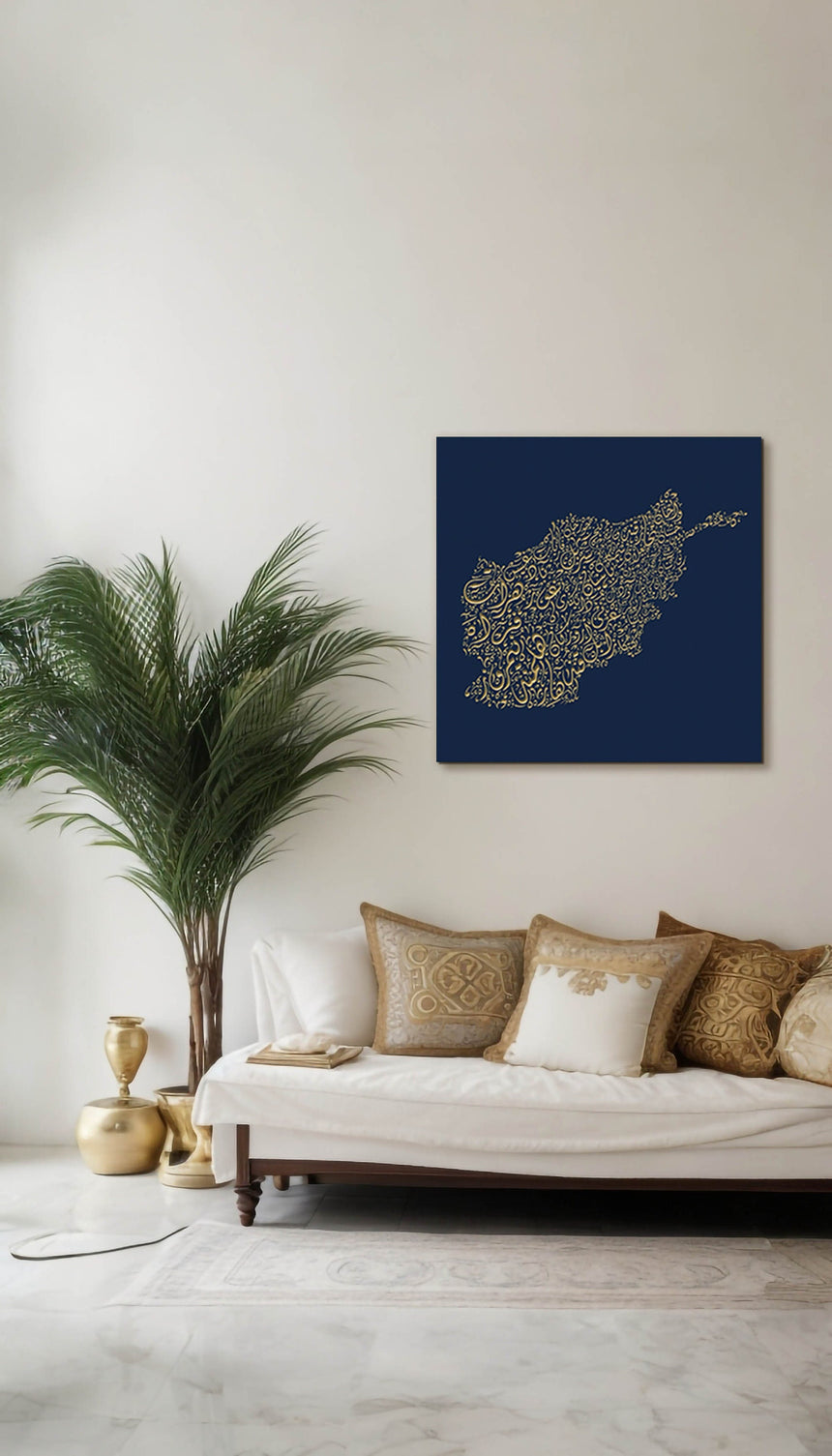 Afghanistan Map: Blue background, gold carve