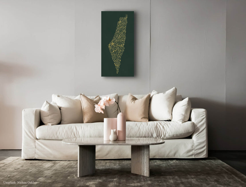 a living room with a white couch and a coffee table