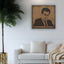 Carved wood portrait of Farid al-Atrash with “Ya Habaybi Ya Ghaybin” in a living room.