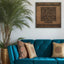 Wooden artwork featuring Surah Al-Fatiha in Square Kufic in the living room