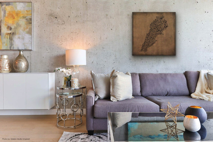 Lebanon map featuring the names of its cities in a modern living room.