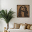 Carved wood portrait of Fairuz with “Bhebbak Ya Lebnan” lyrics in a living room.
