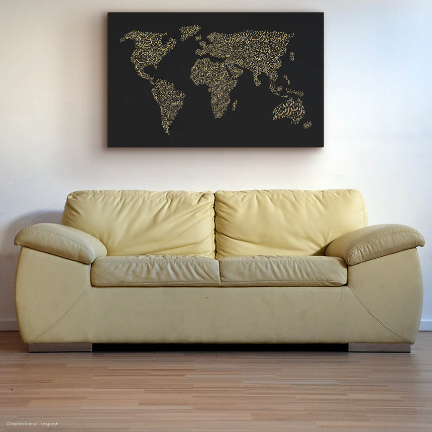 World map illustrated with country names in Arabic : black background, gold carving