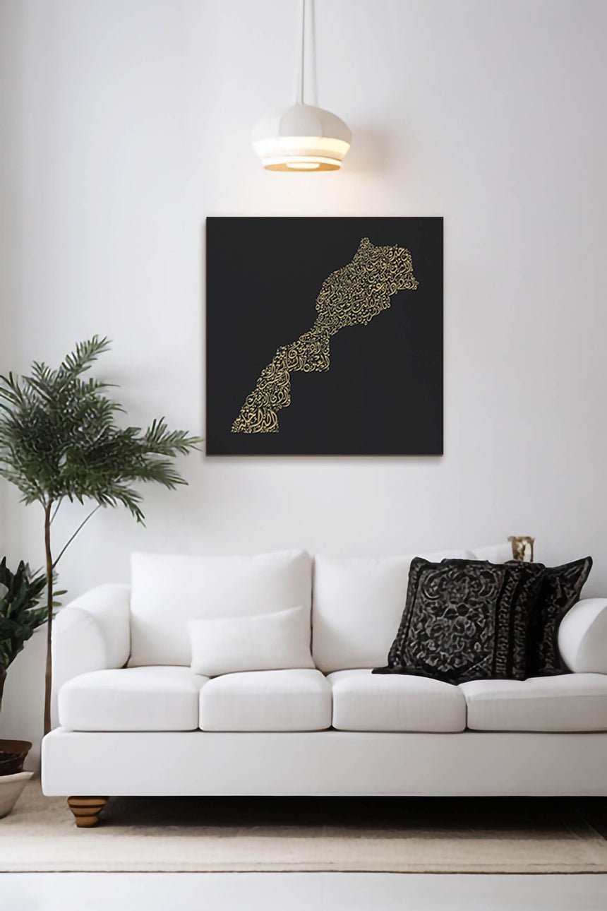 Morocco Map: Black background, Gold carving