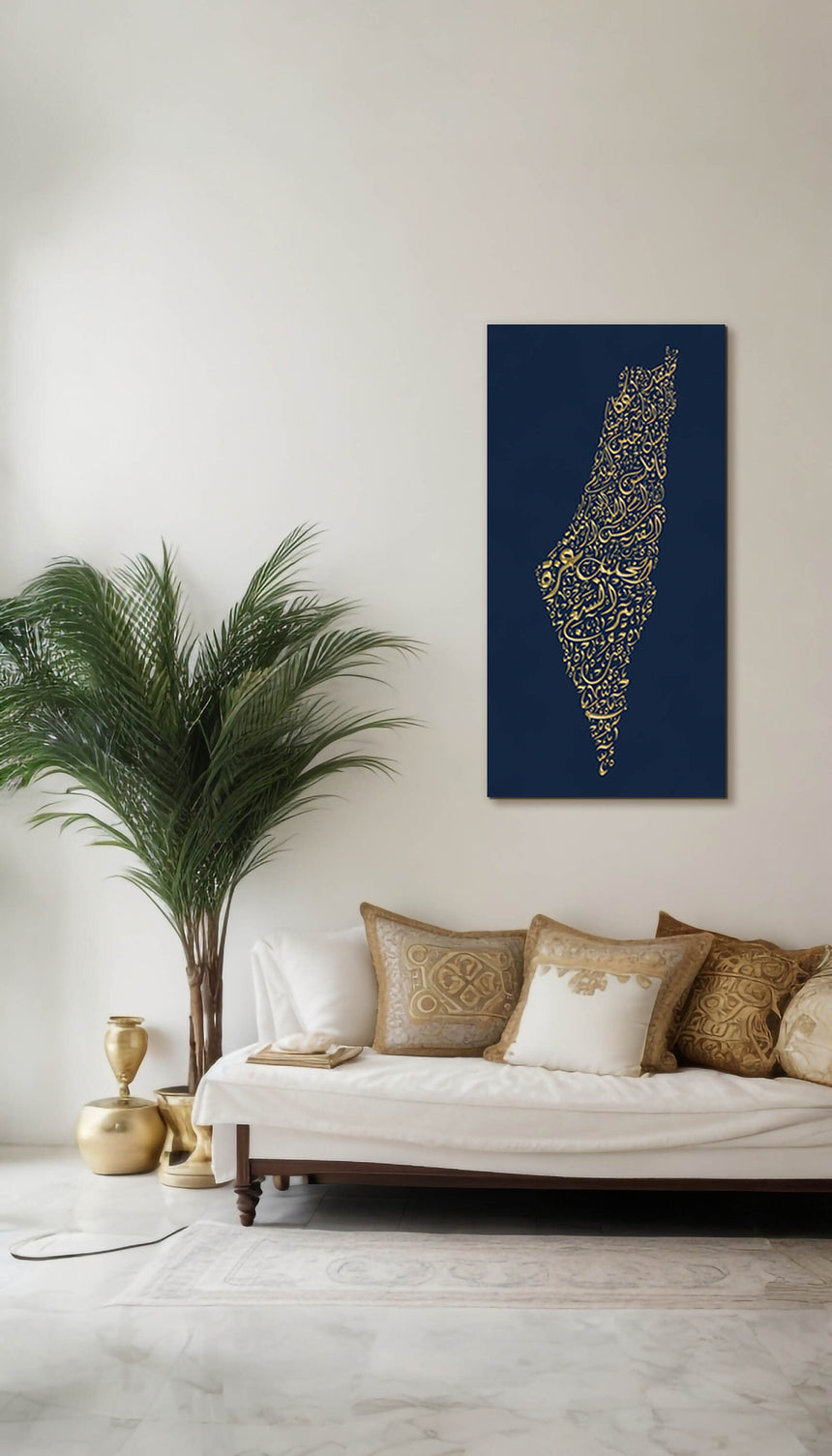 Palestine Map: blue background, gold carve