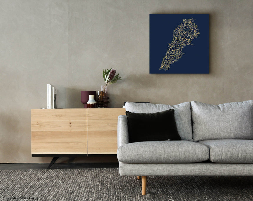 Lebanon Map: Blue background, gold carve