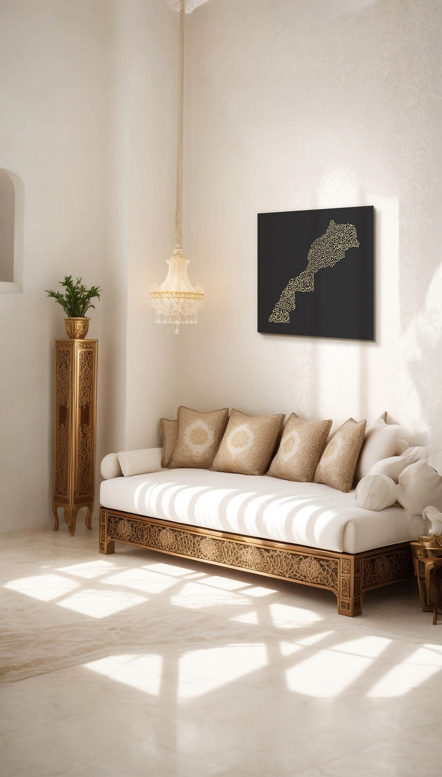 Morocco Map: Black background, Gold carving