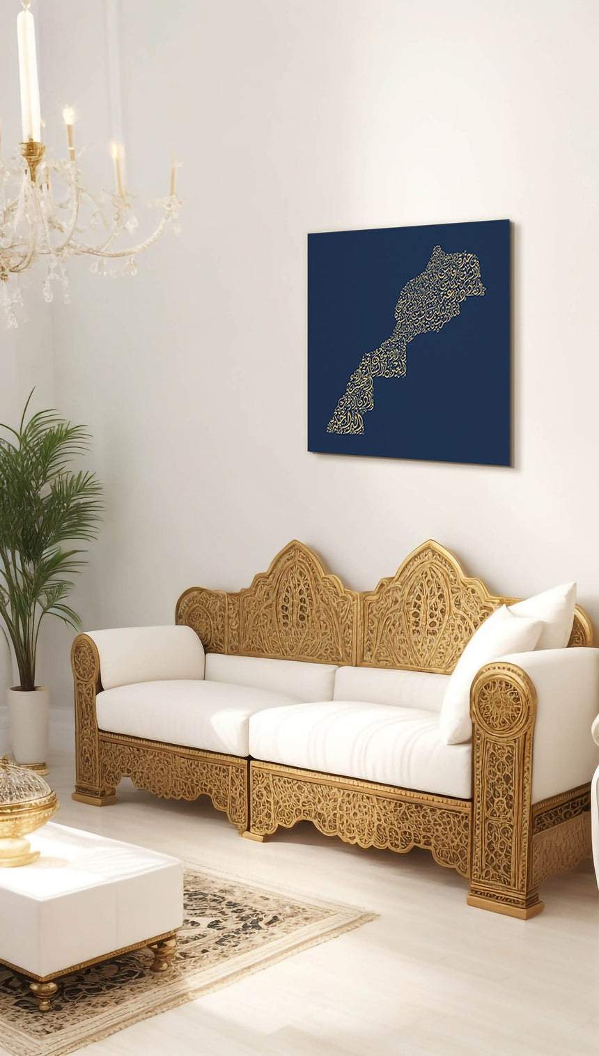 Morocco Map: Blue background, gold carve