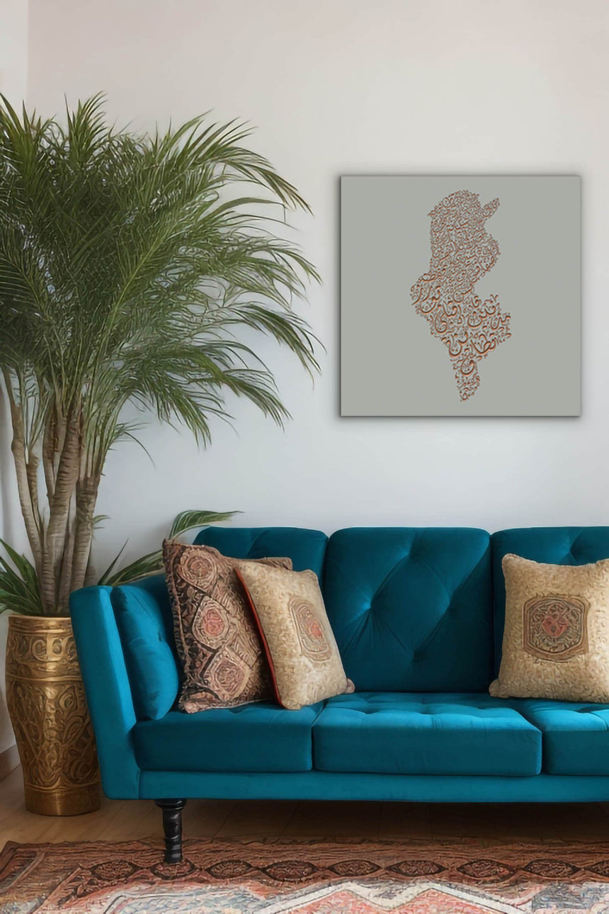 Tunisia Map: Gray background, copper carving